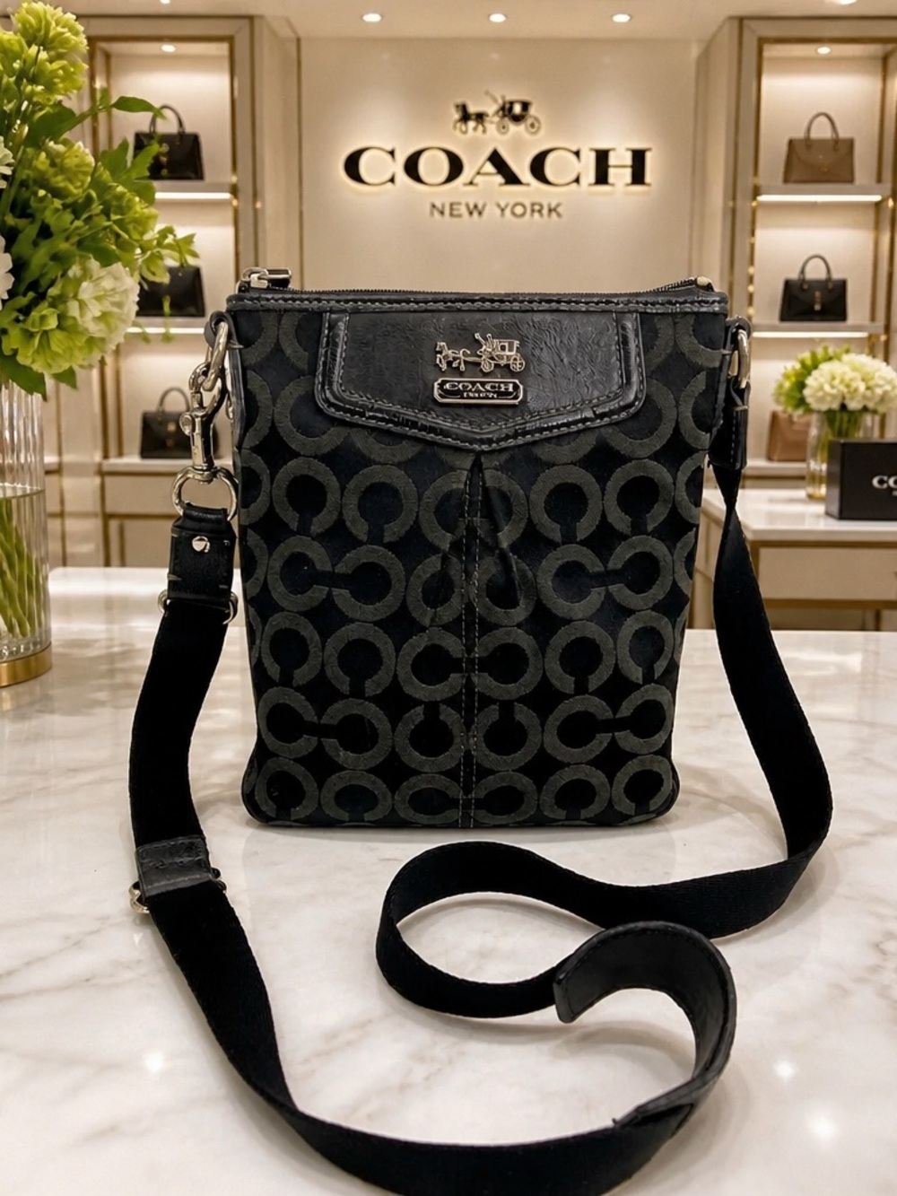 Coach Black Signature Jacquard Crossbody Bag EUC